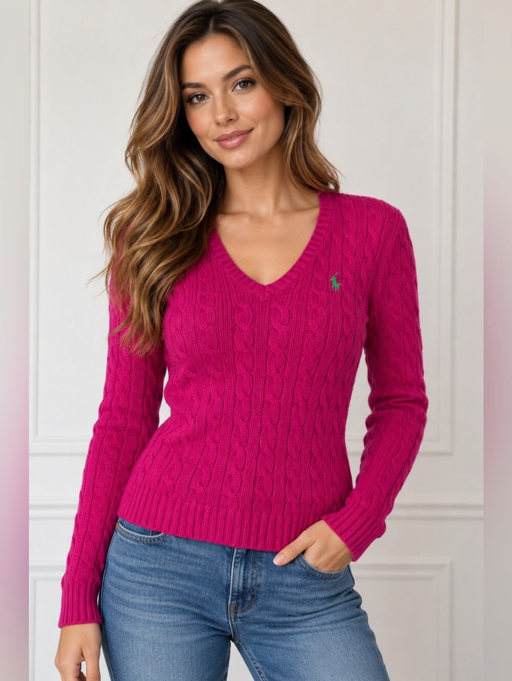Vintage Y2k Ralph Lauren Sport Pink Cable Knit V-Neck Cotton Sweater M